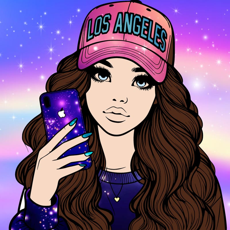 realistic beautiful girl wearing los ángeles cap holding an iphone