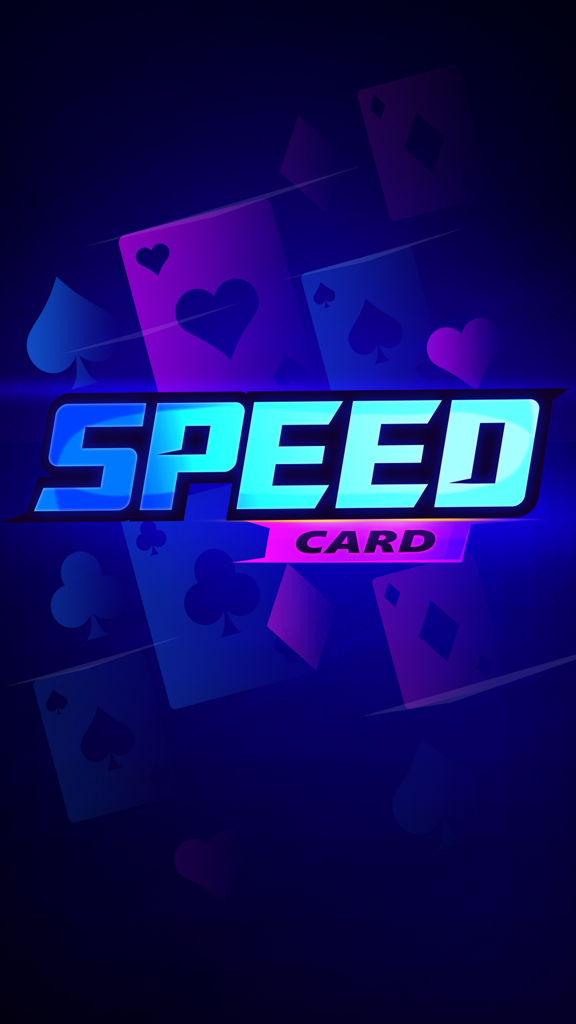 Tela de título Speed Card Slam Card Game com gráficos de cartas de baralho em neon azul e roxo