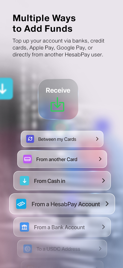 HesabPay - HesabPay mobile app screen displaying various methods to add funds like bank transfers and card payments