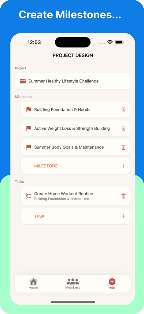 Project RoadMap - Oberfläche der Project RoadMap App, die den Projektentwurf mit Meilensteinen und Aufgaben zeigt.