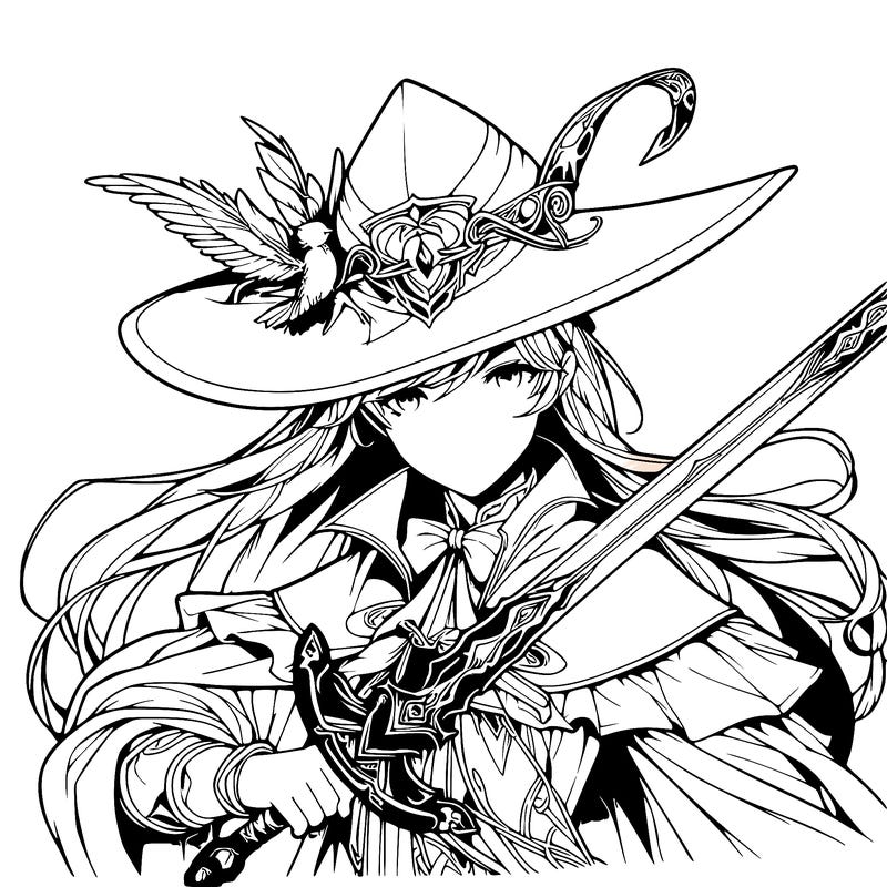 a realistic fantasy manga queen witch with a sword