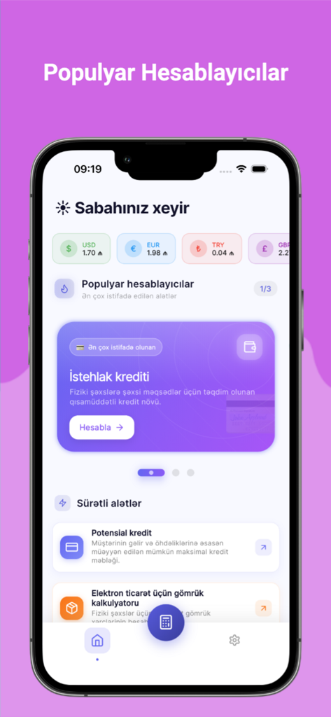 Kredit Hesabla - PulApp - Interfaz de PulApp mostrando tasas de divisas y opciones de calculadora financiera para préstamos y aranceles aduaneros.