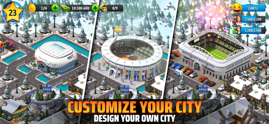 City Island 5: Building Sim - City Island 5 game screen showing large sports stadiums and snowy city landscapes with the text Customize Your City