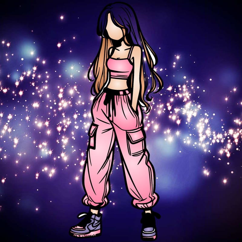 girl in baggy pants crop top and long hair