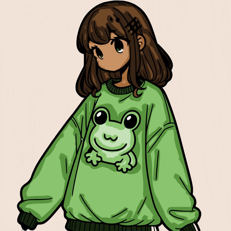 girl wearing frogging sweatshirt