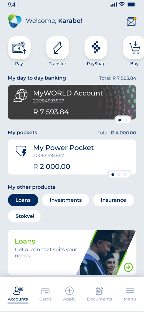 African Bank mobile app home screen showing account balances and financial transaction options