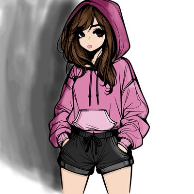 realistic girl in shorts and hoodie
