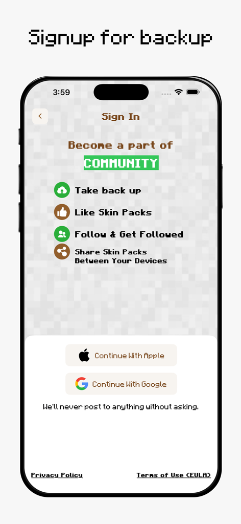 AI Skins for Minecraft - Sign in page for AI Skins for Minecraft app with options for social login and community features.