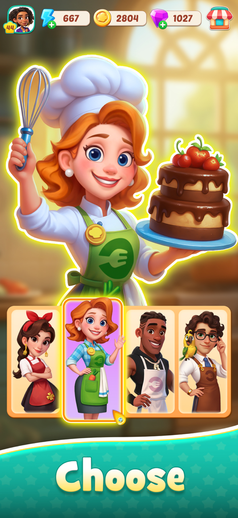 Foodstars: Merge & Cook - Character selection screen in Foodstars Merge and Cook showing a female chef holding a chocolate cake and whisk