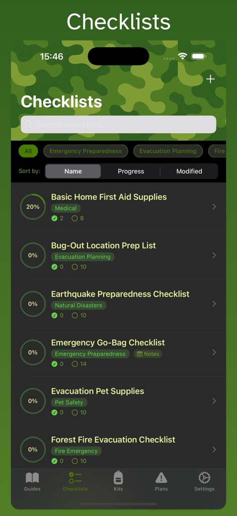 A screenshot of the Survivalist app showing various emergency preparedness checklists including bug out bag and first aid kits
