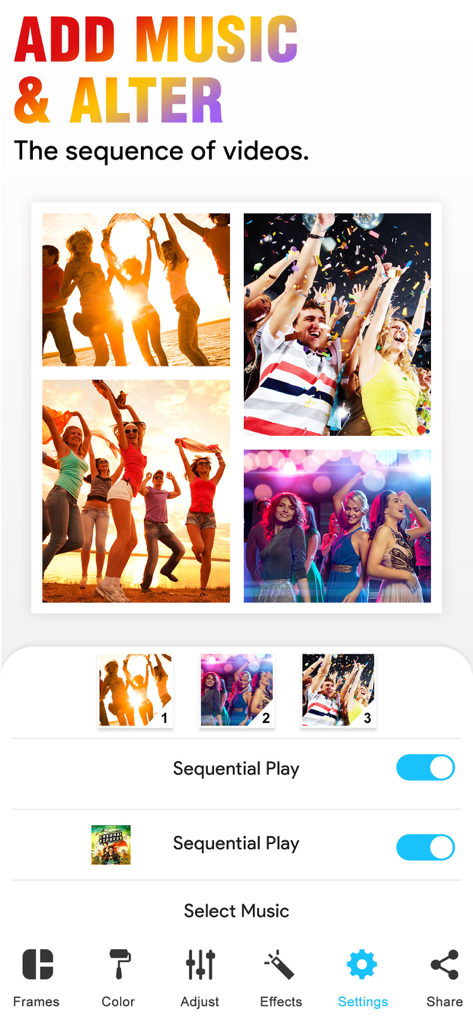 Interface utilisateur montrant comment ajouter de la musique et modifier la séquence vidéo dans l'application Collage vidéo