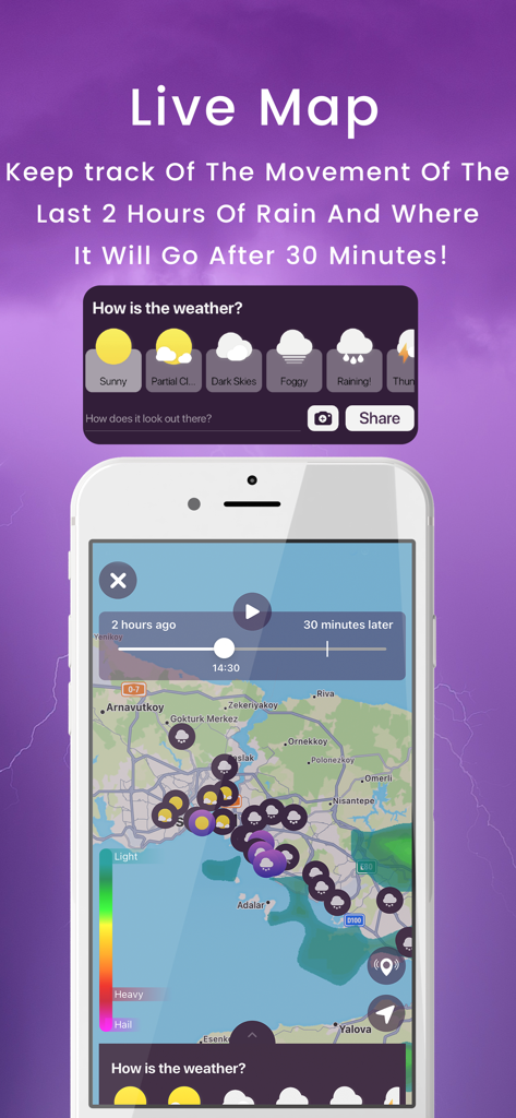 Uno schermo di smartphone che mostra una mappa di tracciamento della pioggia dal vivo e icone meteo di quartiere nell'app Buluttan.