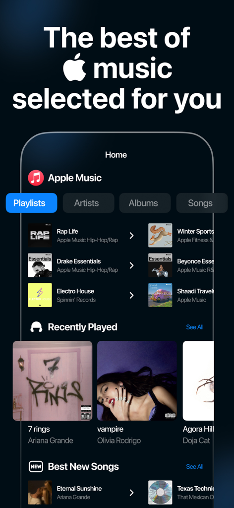 Interfaz de la aplicación Music Finder que muestra listas de Apple Music integradas y canciones populares reproducidas recientemente.