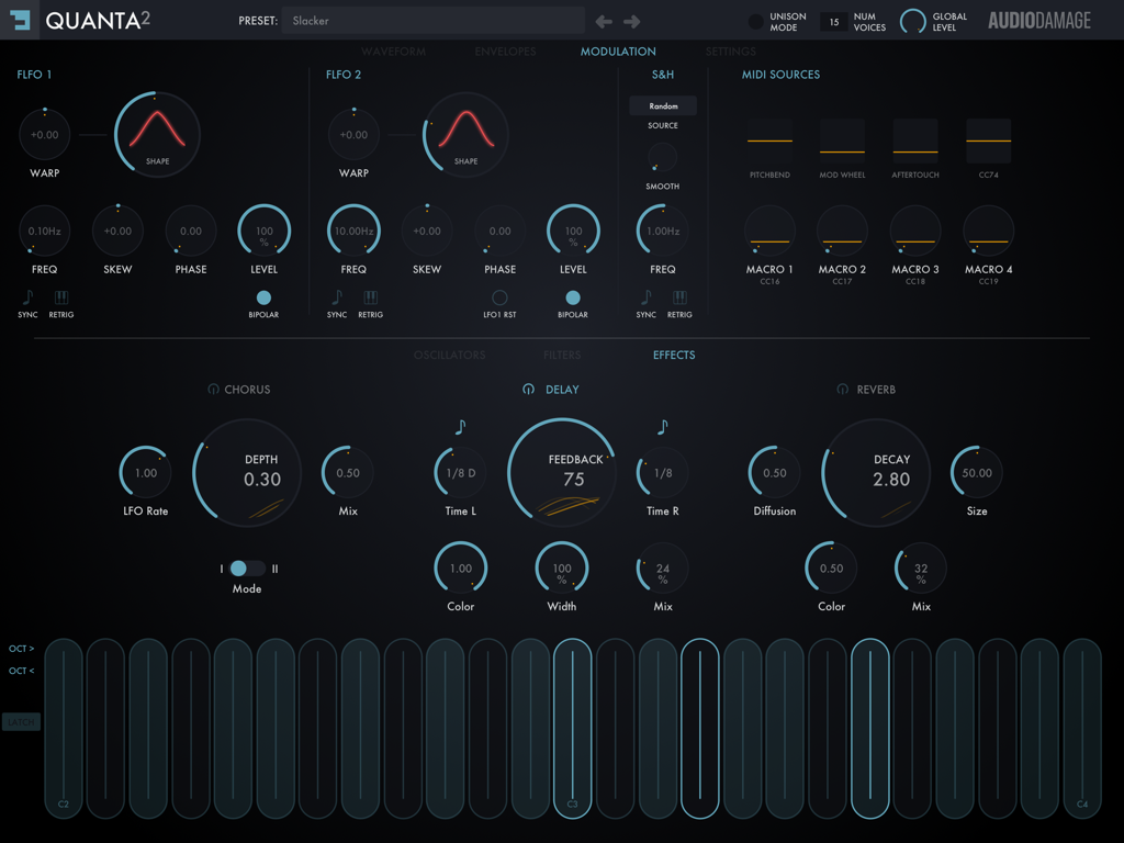 Quanta 2 synthesizer modulation and effects dashboard with LFO and reverb controls
