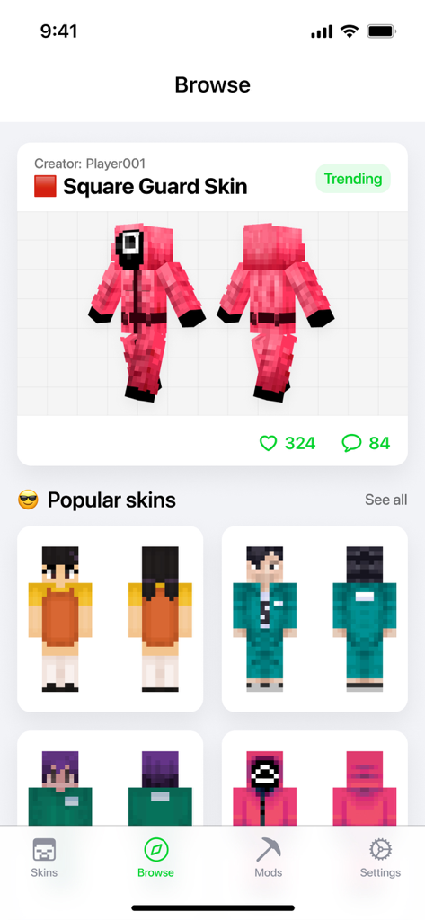 Section de navigation de l'application AI Skin Maker montrant des skins de personnages Minecraft tendance et populaires