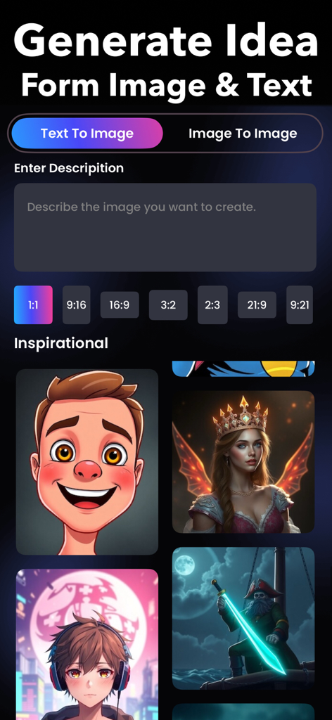AI Photo Generator app screen showing text-to-image creation tools with a description field, aspect ratio options, and a gallery of inspirational AI-generated character art.