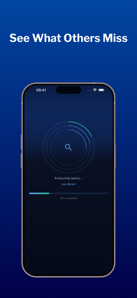 Smartphone displaying the Deep Search and Truth Seek AI app interface analyzing a query for Leo Messi