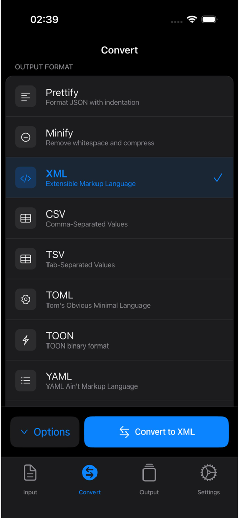 Mobile app interface of JSON Tools showing a list of output formats including XML CSV TSV TOML TOON and YAML