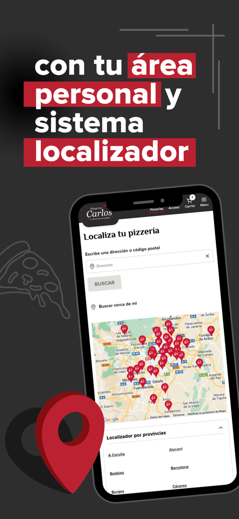 Pizzeria Carlos mobile app store locator screen showing a map with restaurant locations