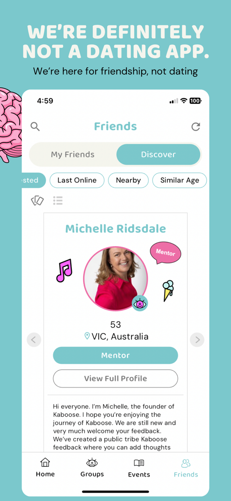 Kaboose - Kaboose app interface showing the friendship discovery screen and a mentor profile emphasizing it is not a dating app.