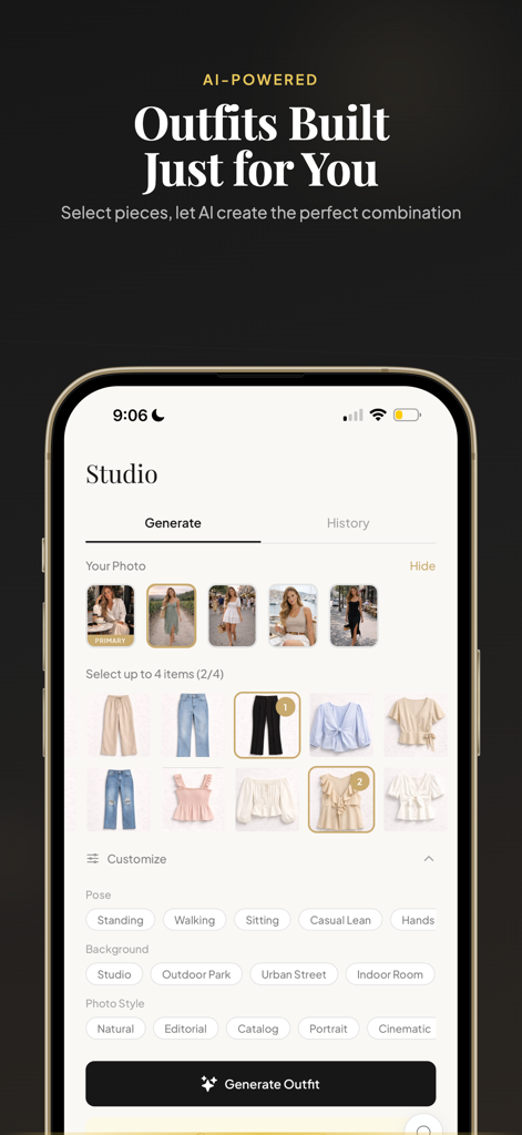 Style Mirror app studio screen showing AI outfit generation with personal clothing items and custom style settings