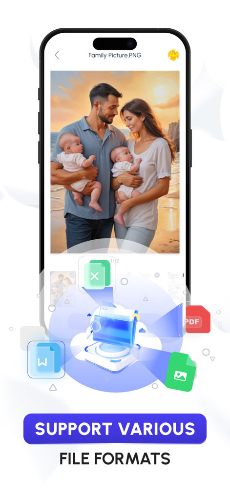 Interfaz de la aplicación iPrint mostrando soporte para diferentes formatos de archivo como PDF, Word e imágenes
