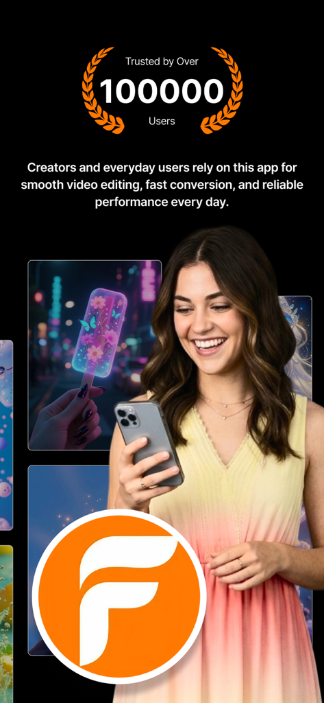 Flexclip - Video Editor - Pantalla promocional de Flexclip Video Editor mostrando que es confiado por más de 100,000 usuarios con una mujer sonriente usando su teléfono.