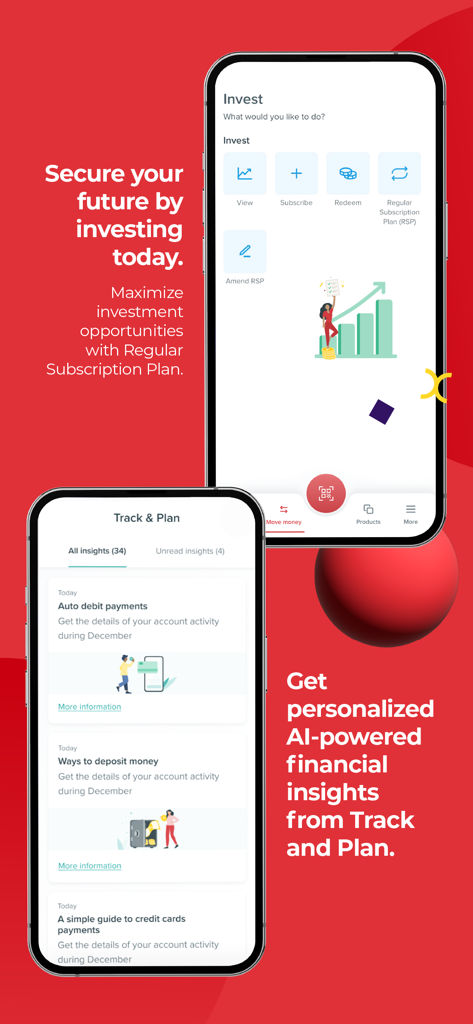 BPI mobile app screens showing investment options and AI-powered financial insights