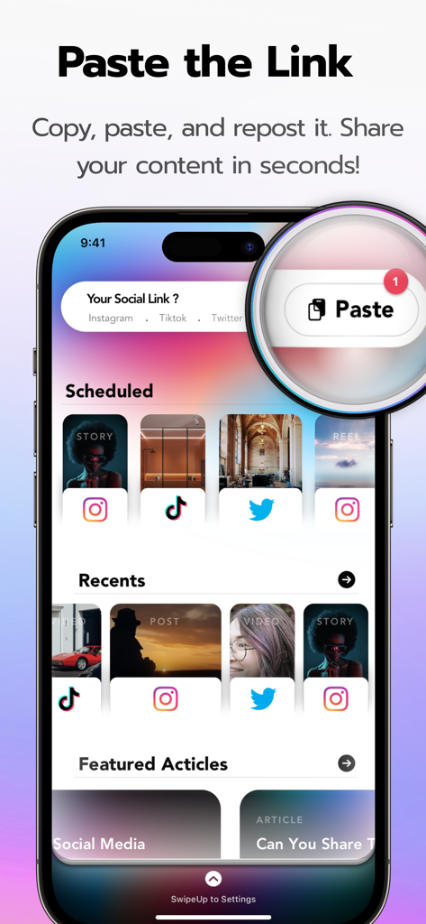Interface of Repost AI app showing how to paste a link and manage social media content from Instagram TikTok and Twitter
