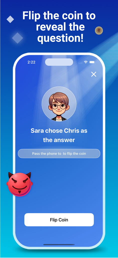 Paranoia - Play With Friends - Paranoia app screen showing player selection and flip coin button to reveal secret questions