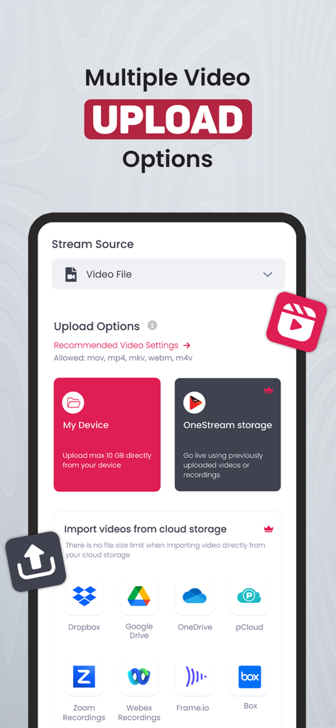 OneStream Live - Interface mobile OneStream Live montrant diverses options de téléchargement de vidéos depuis l'appareil local et des services de stockage cloud comme Dropbox et Google Drive.