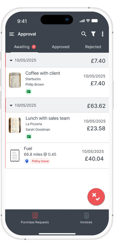 The ExpenseIn mobile app interface showing a list of pending business expenses awaiting manager approval including meals and mileage claims