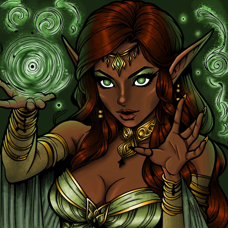 realistic scary beautiful elf sorceress casting spell