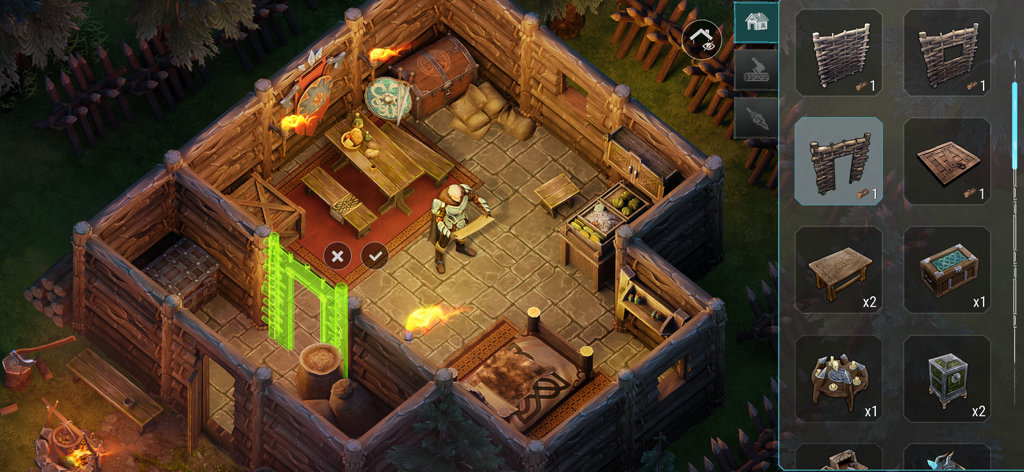 Frostborn: Coop Survival - Personaje vikingo usando el menú de construcción para personalizar el interior de una casa de madera en Frostborn Coop Survival