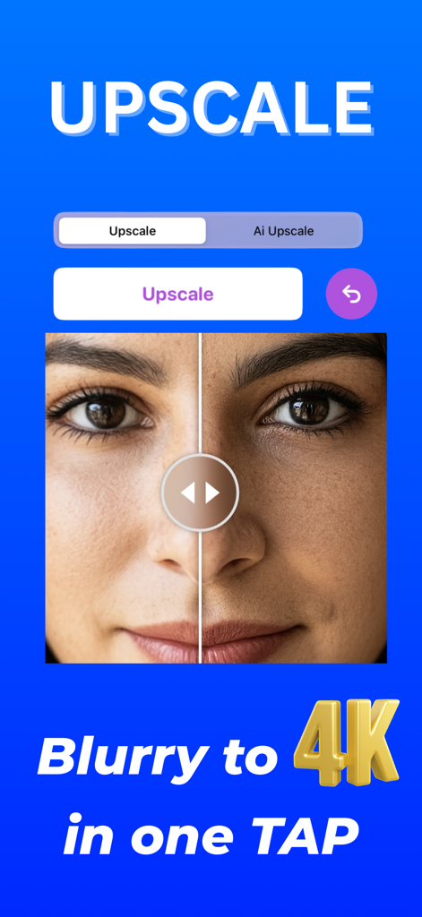 Upscale AI: HD Photo Enhancer - Uma comparação de antes e depois mostrando uma foto borrada aprimorada para resolução 4K usando Upscale AI