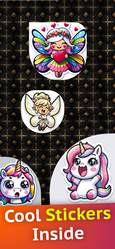 Adesivi sociali colorati di fate e unicorni in ChatBingo