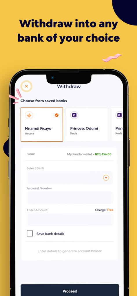 Pandar App - A screenshot of the Pandar App showing the interface to withdraw funds to a bank account.