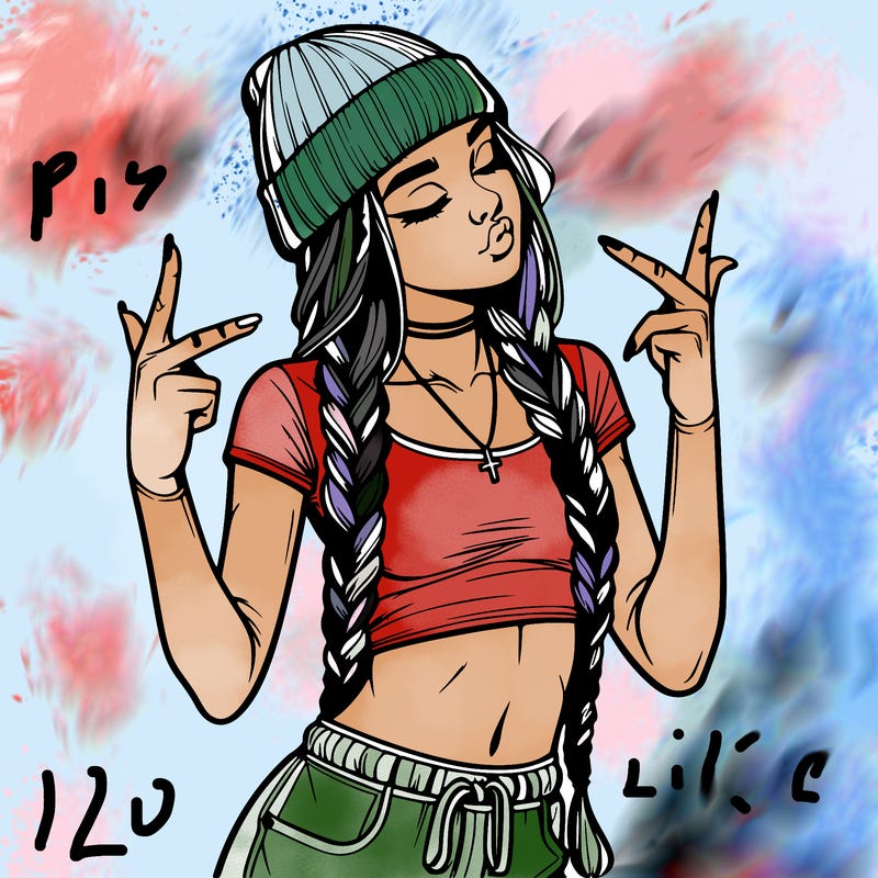 realistic teenage girl with braids and a beanie and crop top doing 🫶🏼