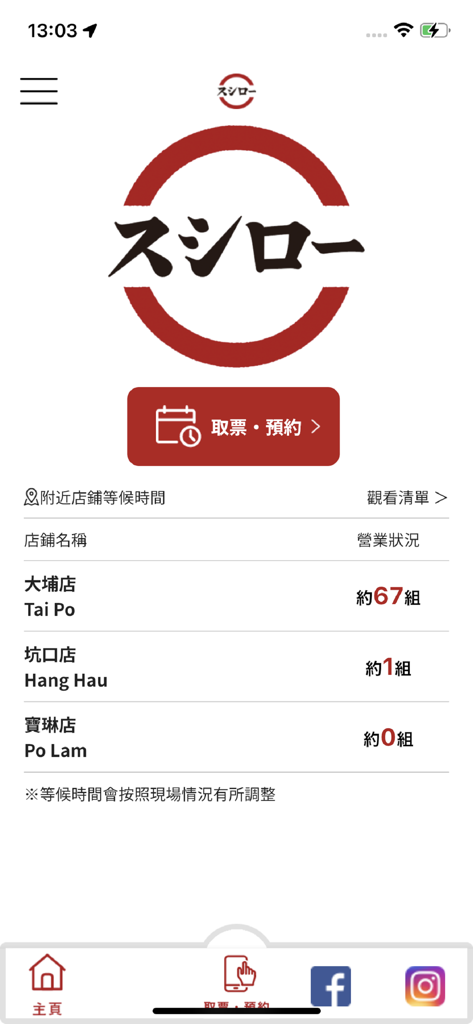 Schermata principale dell'app Hong Kong Sushiro che mostra i tempi di attesa in tempo reale e lo stato delle prenotazioni per varie sedi del ristorante.