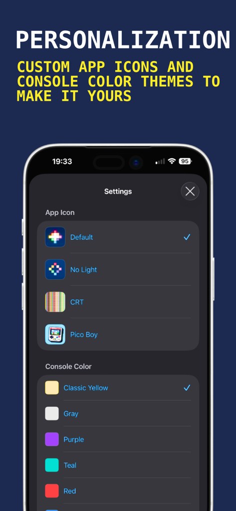 Pico-8 Emulator: Picpic - カスタムアプリアイコンとコンソールカラーオプションを表示するPicpic Pico-8エミュレーターのパーソナライゼーション設定メニュー