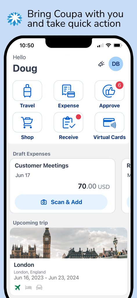 Coupa Mobile app dashboard displaying main navigation icons for travel expense and approvals