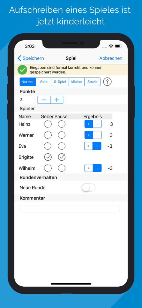A mobile app screen for entering Doppelkopf game scores for multiple players