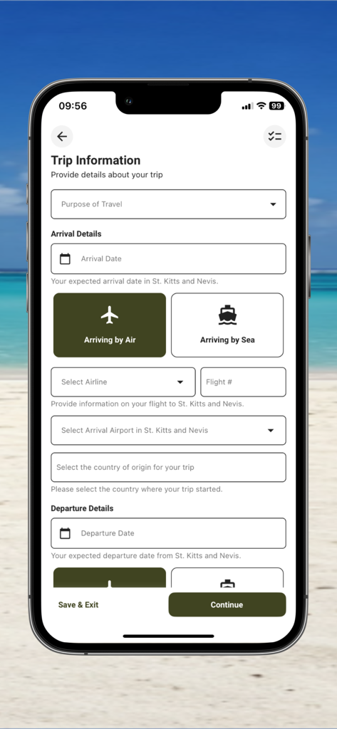 e-Border - St. Kitts & Nevis - Mobile app interface for entering trip information and flight details for travel authorization to St. Kitts and Nevis.