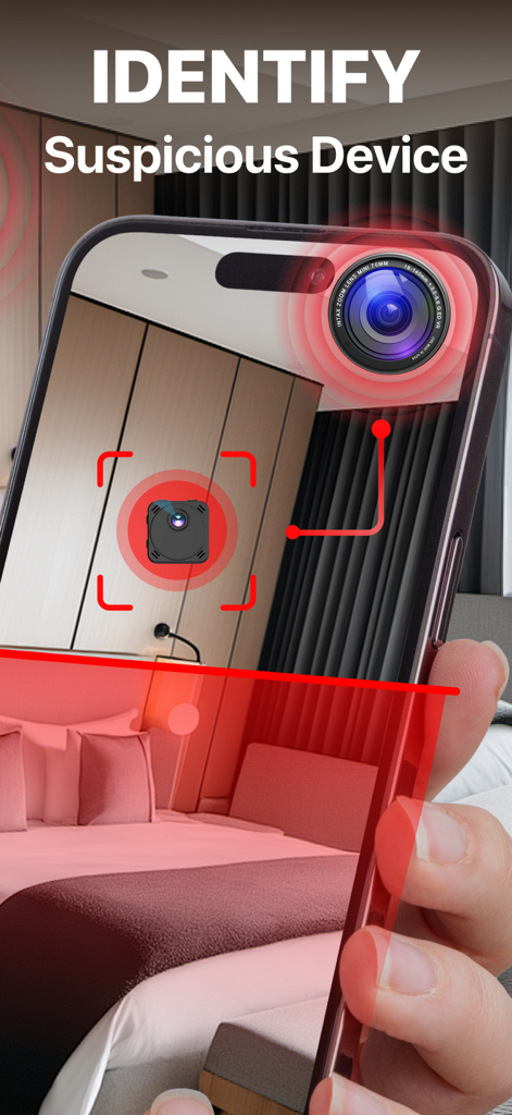 Find Cameras:Privacy Protector - An iPhone screen scanning a hotel room to identify a hidden camera using the Privacy Protector app.