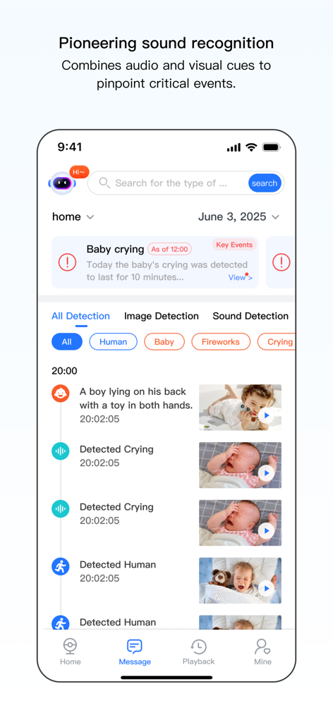 V360 Pro - V360 Pro App-Oberfläche, die Geräuscherkennung und Babyweinerkennungsprotokolle anzeigt.