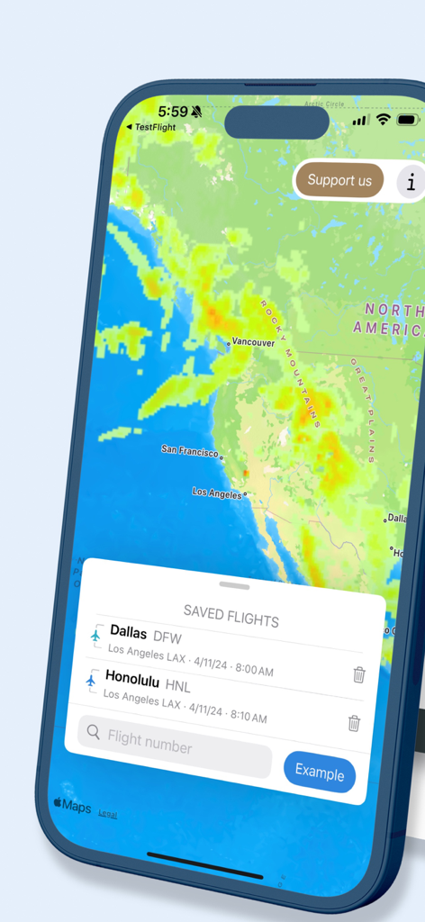 Flying Calmly - Flying Calmly app interface featuring a turbulence weather map and a list of saved flights
