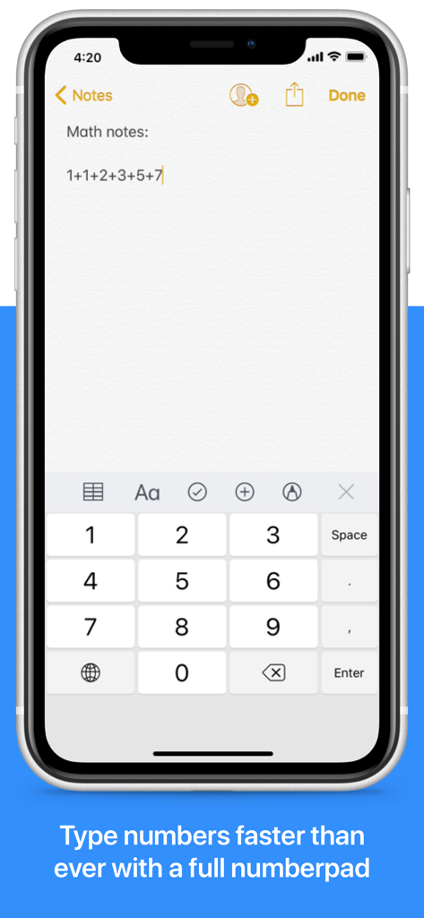 NumPad: Your Number Keyboard - NumPad app numeric keyboard layout displayed on an iPhone screen within the Notes app.