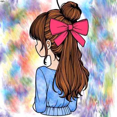 realistic girl  with hip length hair a bun and a big bow on the back of head