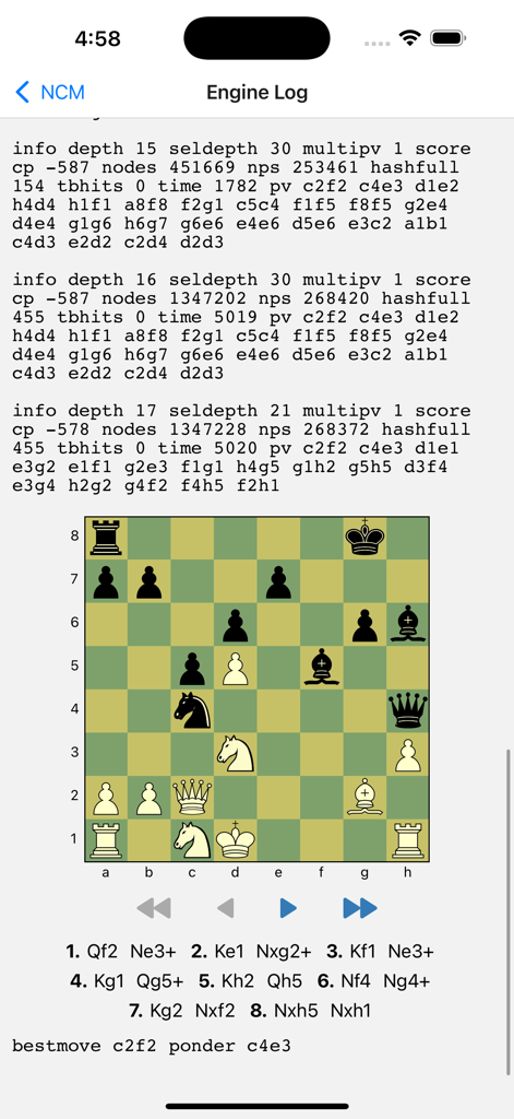 Detailed chess engine log and move analysis on a board within the Next Chess Move app