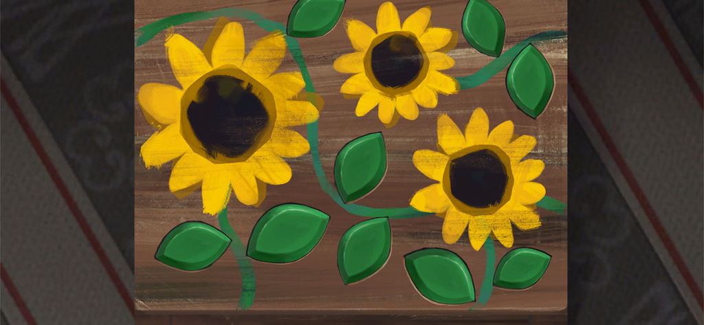 Crunchyroll: Behind the Frame - Hand-painted yellow sunflowers on wood in a Ghibli-inspired style